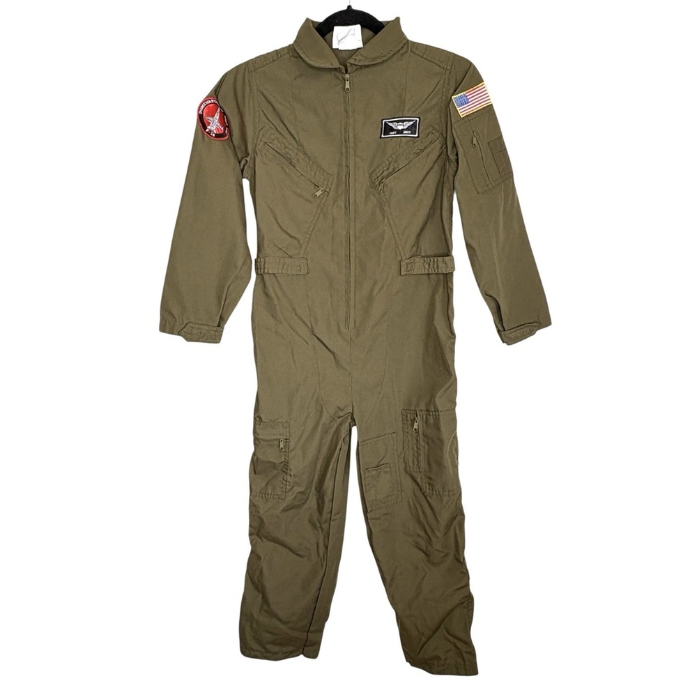 Navy Captain Fighter Pilot Jumpsuit Halloween Costume Kids Large Top Gun Green